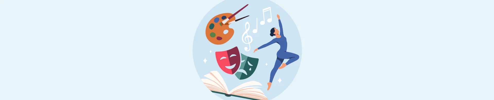 En illustration över dans, böcker, musik och konst.